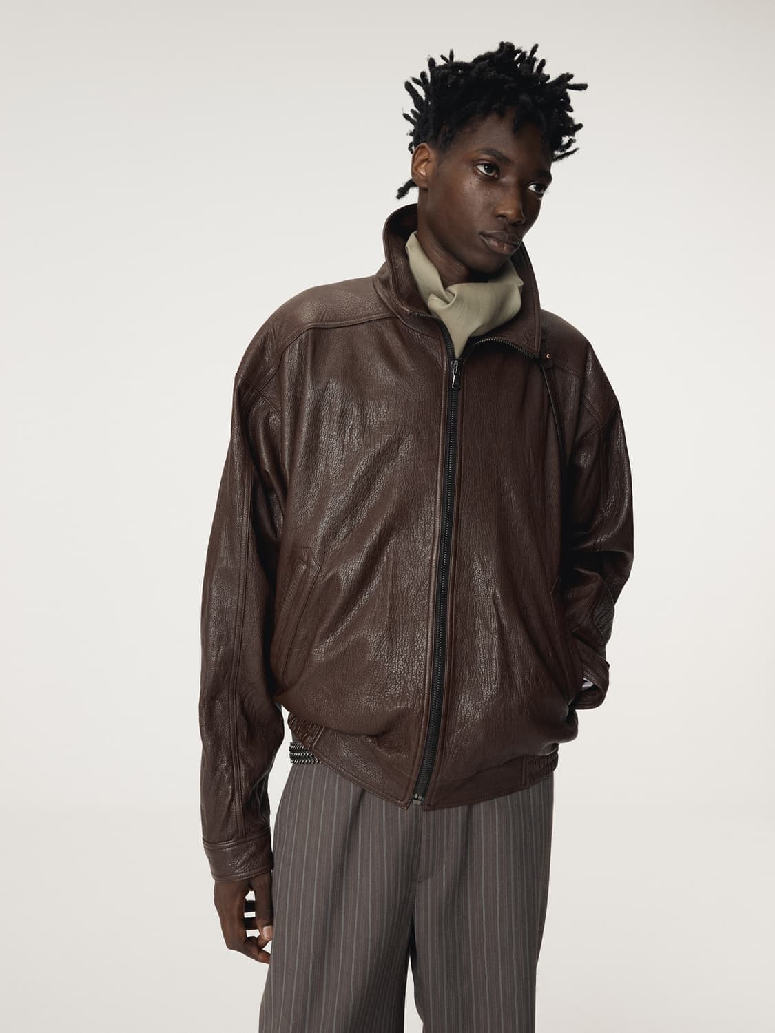 렉토 헤링턴 하이넥 레더 점퍼 브라운 L 상품이미지1