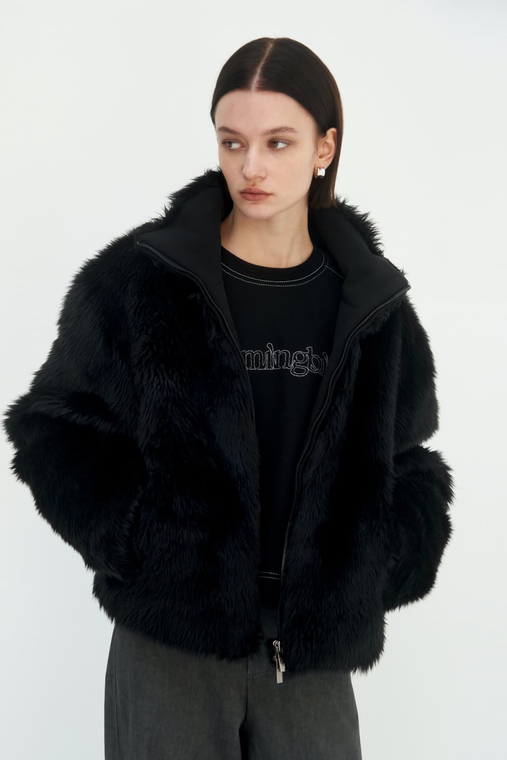 트리밍버드 하이넥 집업 퍼자켓 블랙 상품이미지2