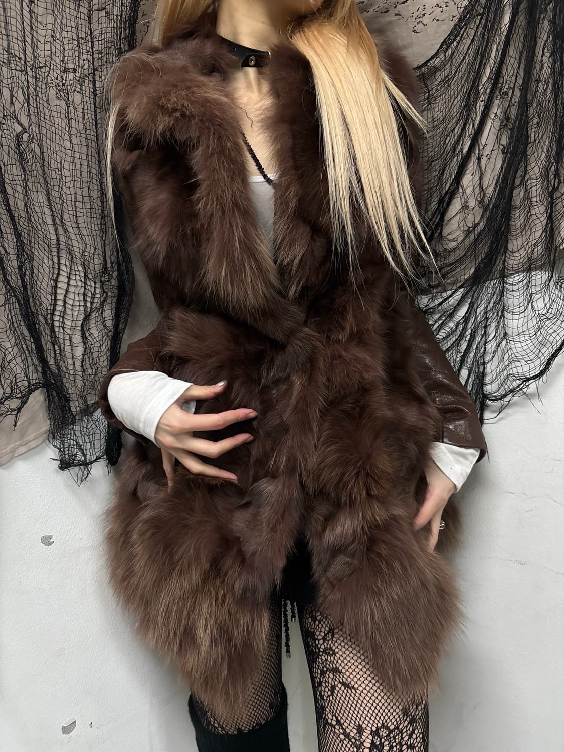 00’s aesthetic Brown Fur Trimming Leathe 상품이미지2