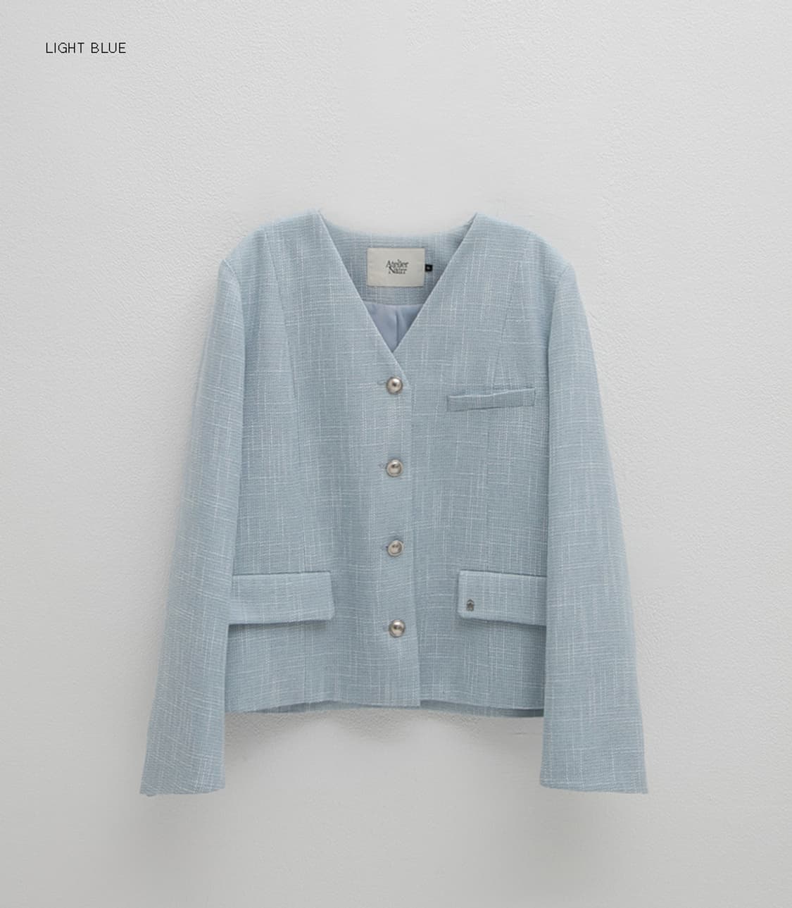 아뜰리에나인 브이넥 노카라 실버 버튼 트위드 자켓 블루 새상품 F 상품이미지7