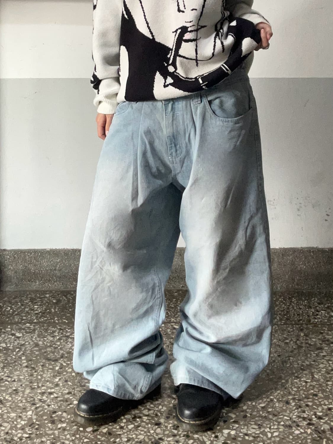 90s 아이스워싱 데님 스티치 와이드 팬츠 상품이미지1