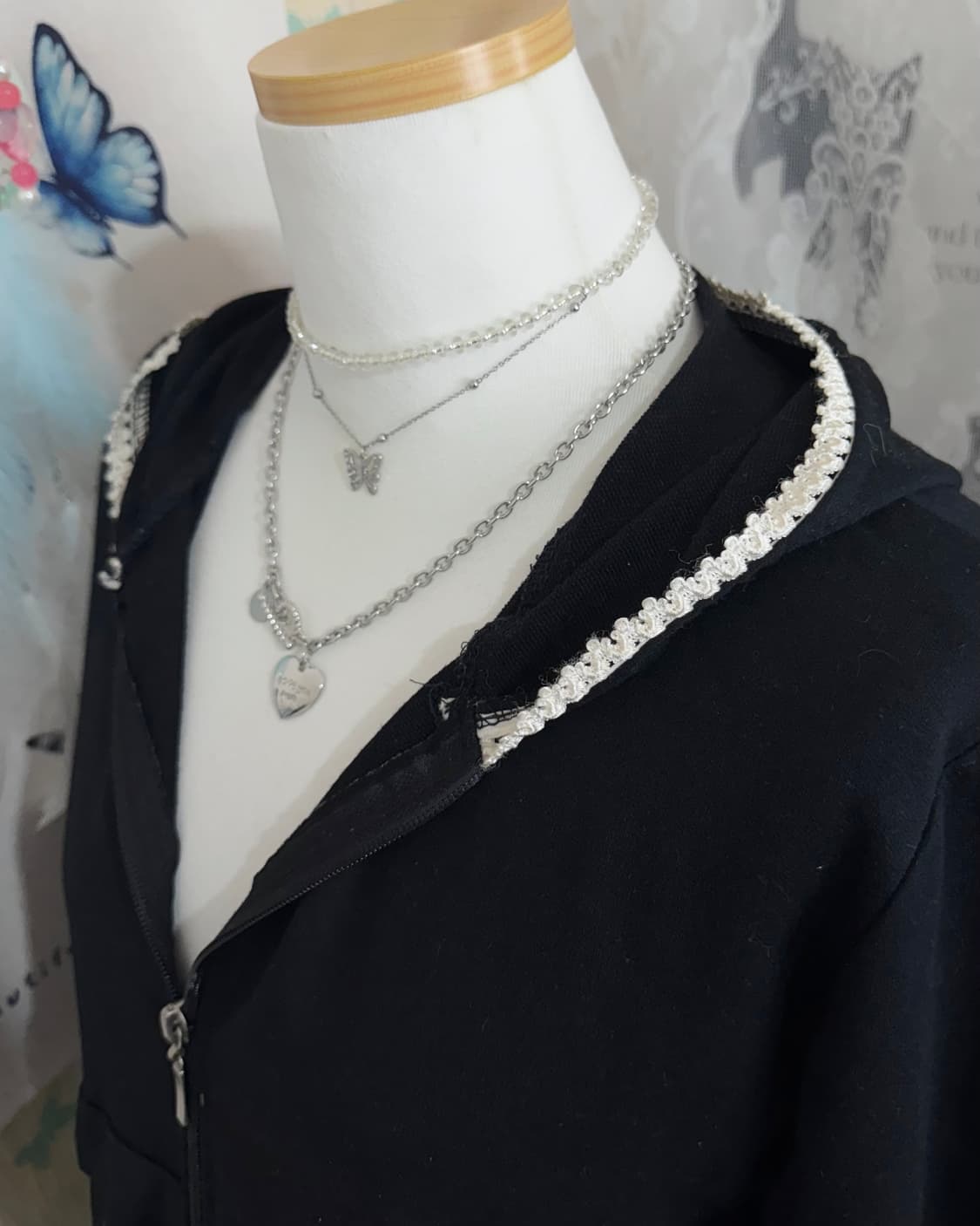 블랙 레이스 셔링 후드 집업 상품이미지8