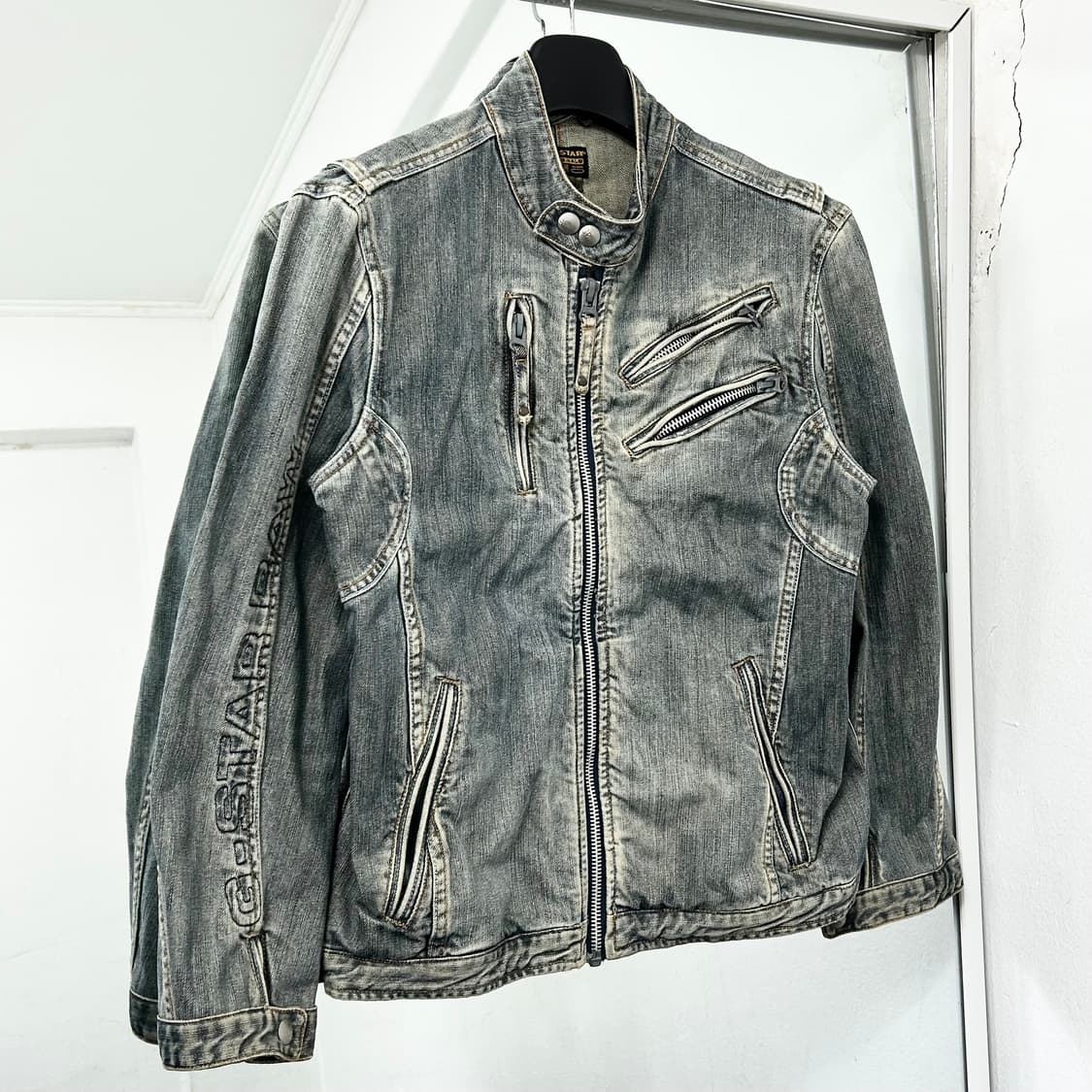 지스타로우 테크니컬 데님 바이커 자켓 상품이미지1