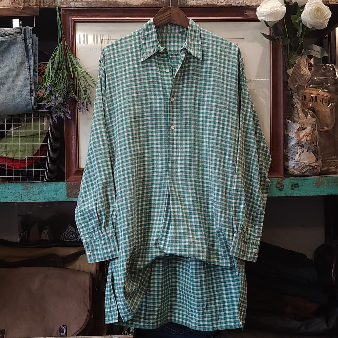 60s 프랑스 워크셔츠 가드너 빈티지 셔츠 그린 체크 롱 튜닉 셔츠 L 상품이미지1