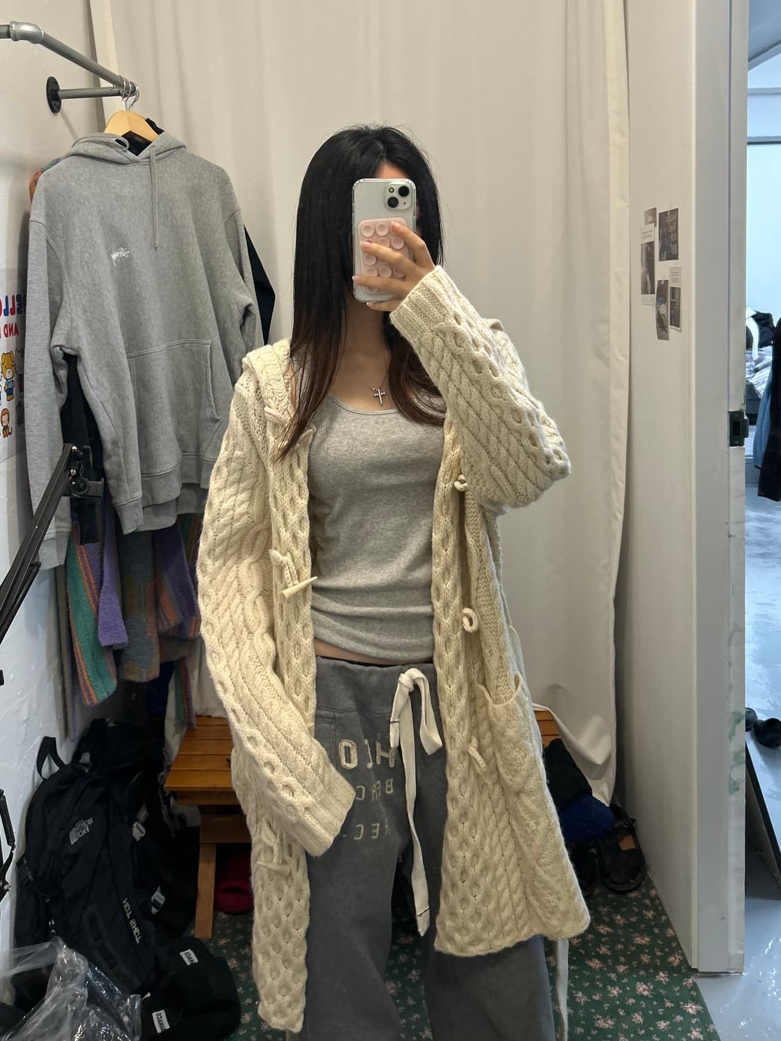 케이블 후드 니트 가디건 롱기장 상품이미지4
