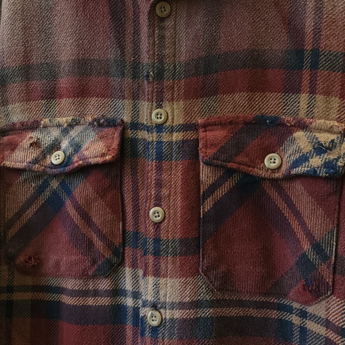 90s 빈티지 체크셔츠 헤비 플란넬 워크셔츠 썬페이딩 레드 데미지 L 상품이미지5
