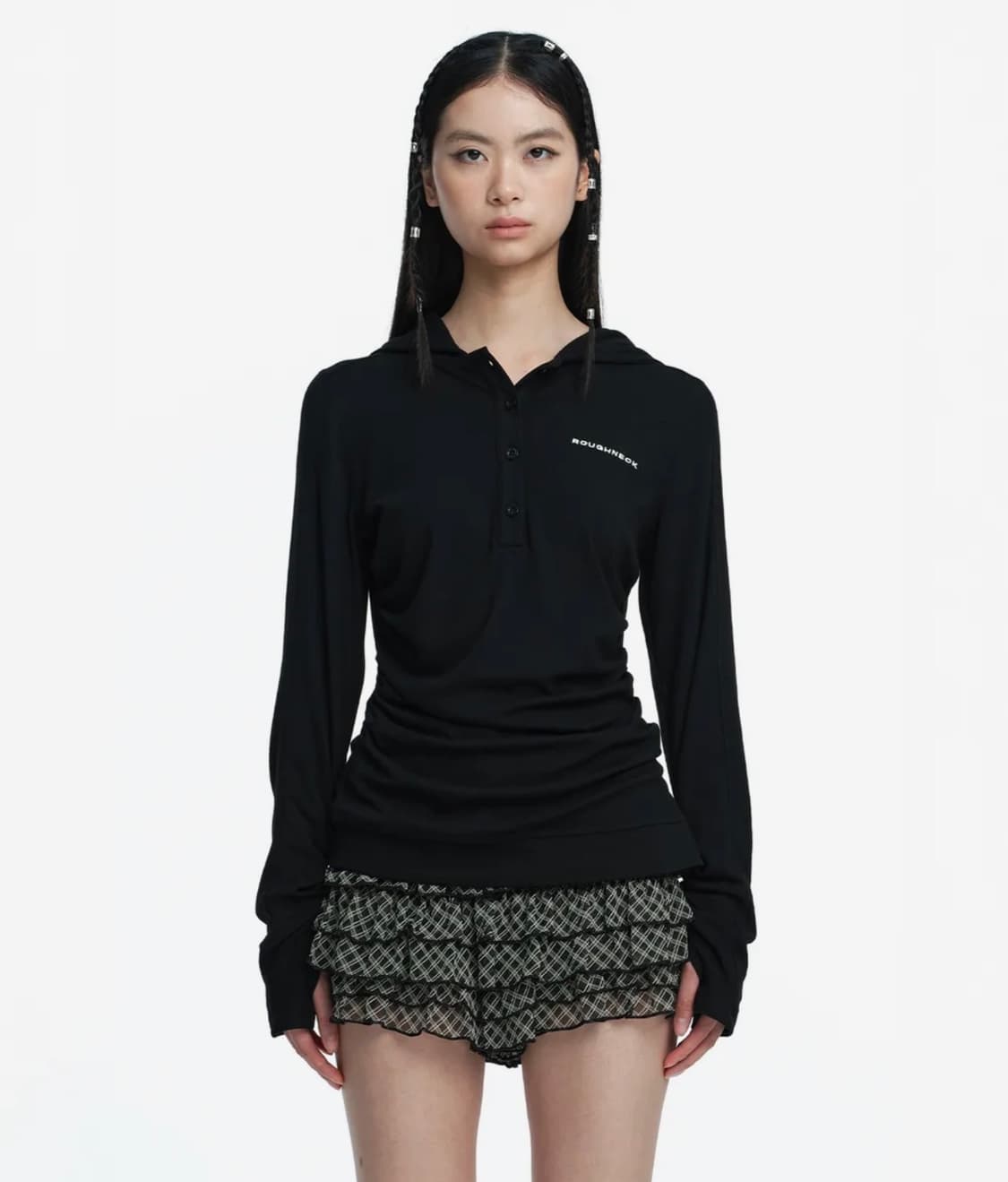 러프넥 헨리 후드 롱 슬리브 탑 블랙 상품이미지1