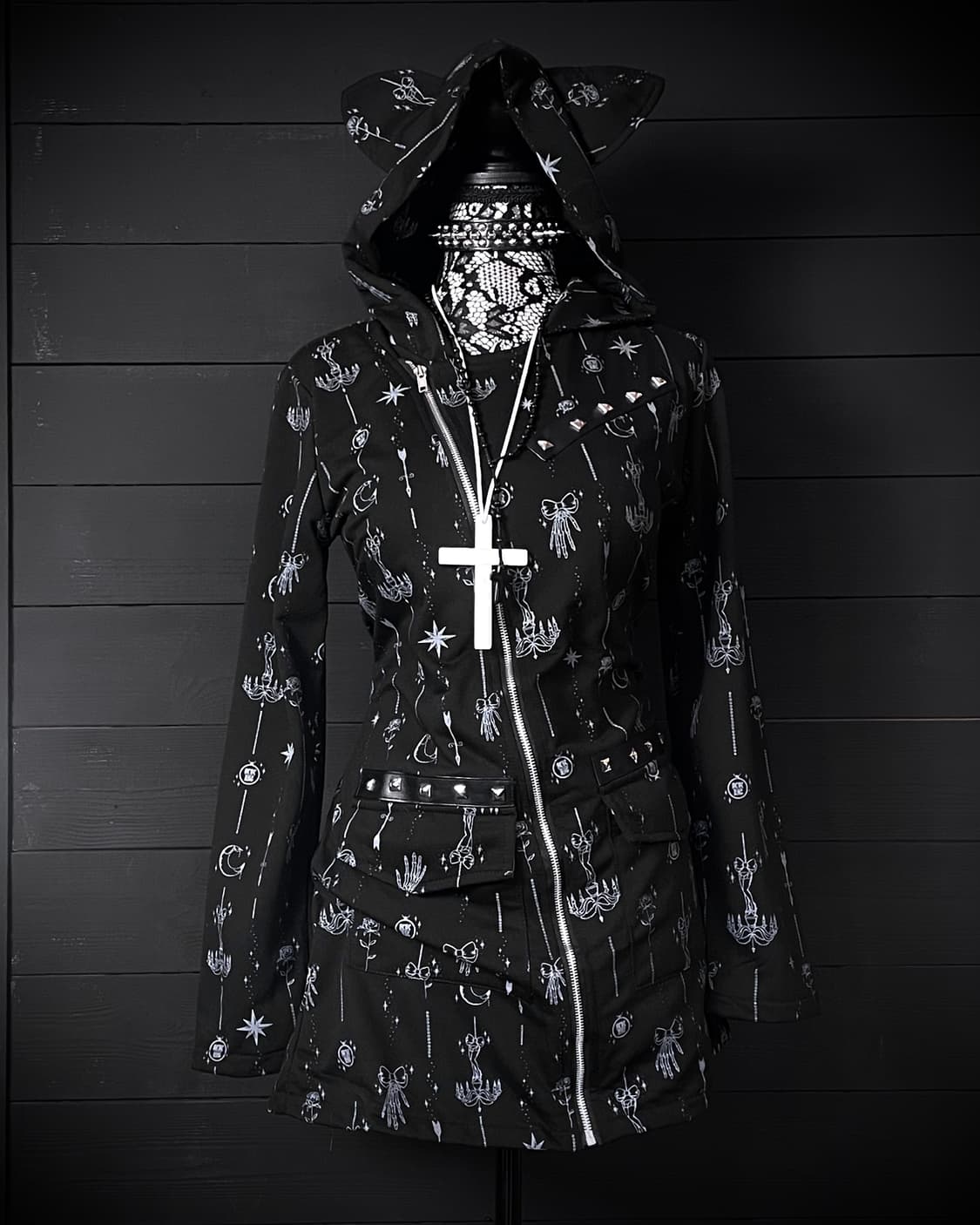 ACDC RAG 펑크 네코미미 스컬 해골 사선 지퍼 후드집업 상품이미지1