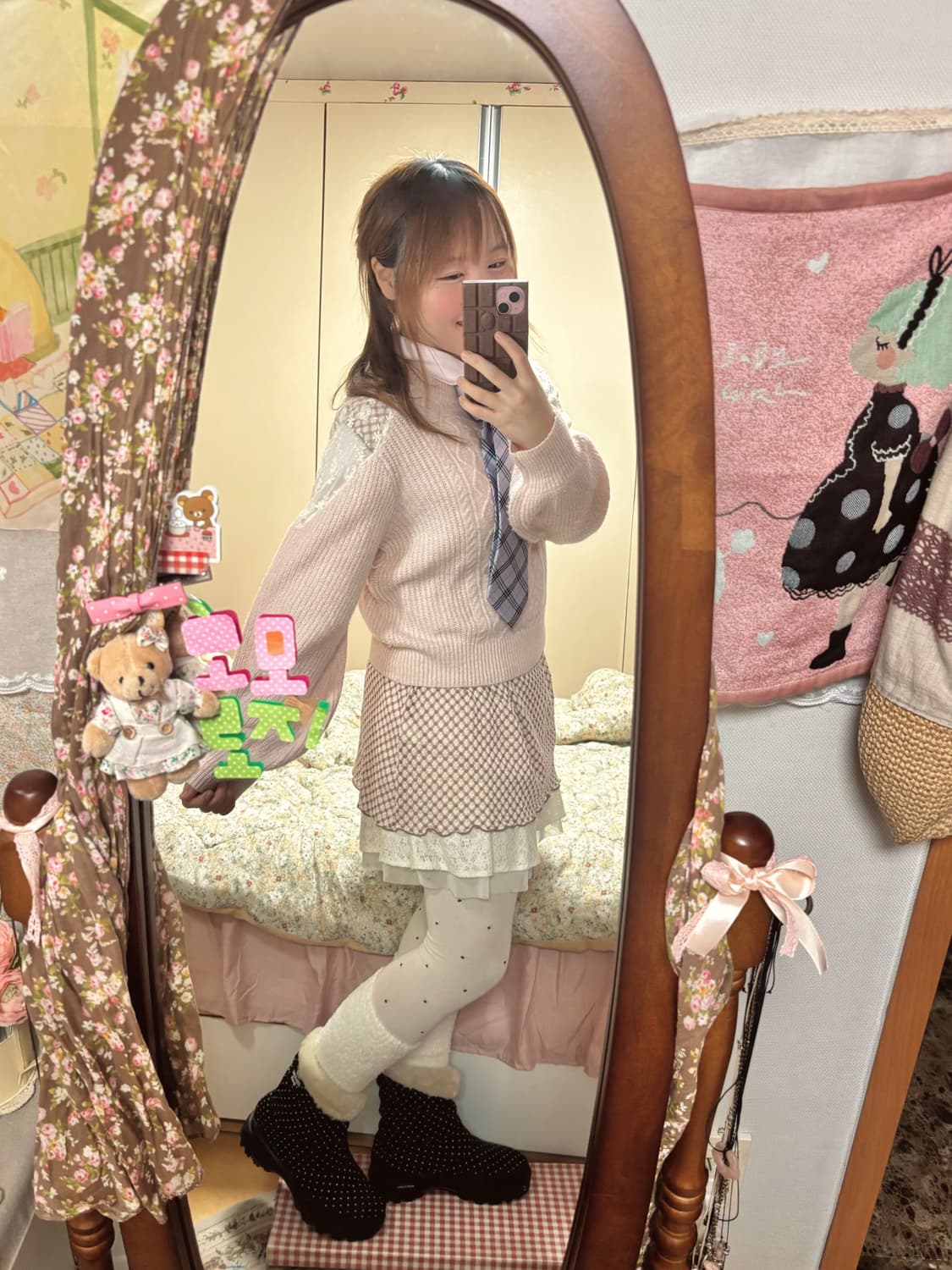 핑크 레이스 니트 + 둥근카라 셔츠 러블리 일본 교복무드 세트 상품이미지2