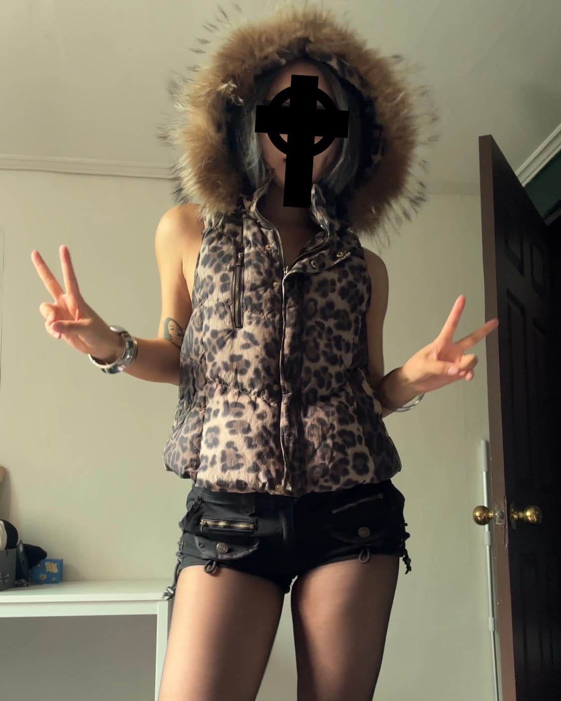 레오파드 퍼후드 조끼패딩 상품이미지5