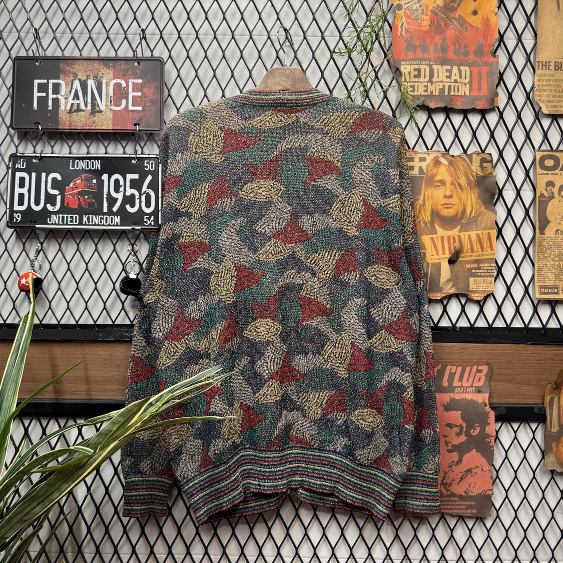 90s 미쏘니 스포츠 니트 가디건 멀티컬러 자가드 패턴 카키 상품이미지2