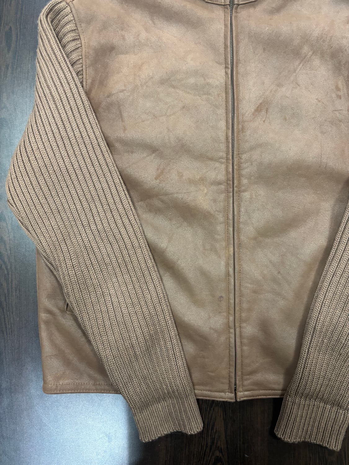 크로커다일 브라운 가죽 니트 배색 점퍼 상품이미지5