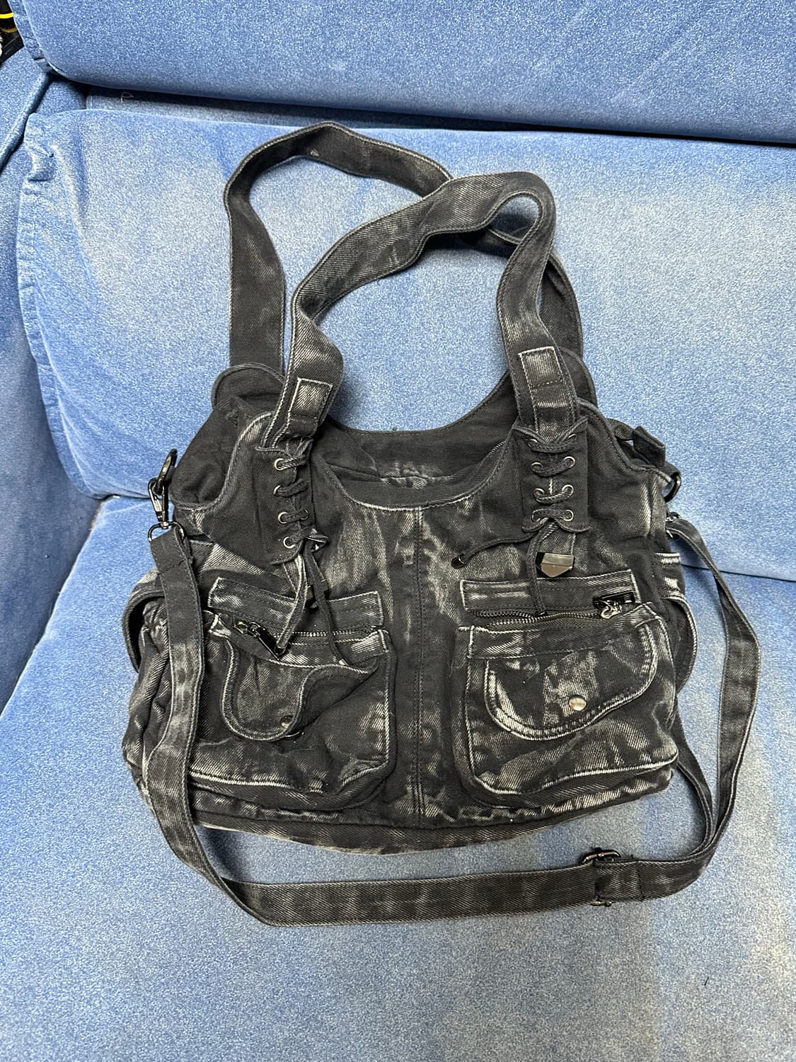 JPN 데님 워싱 토트백 레이스업 빈티지 고스 펑크 하라주쿠 Y2K 상품이미지1