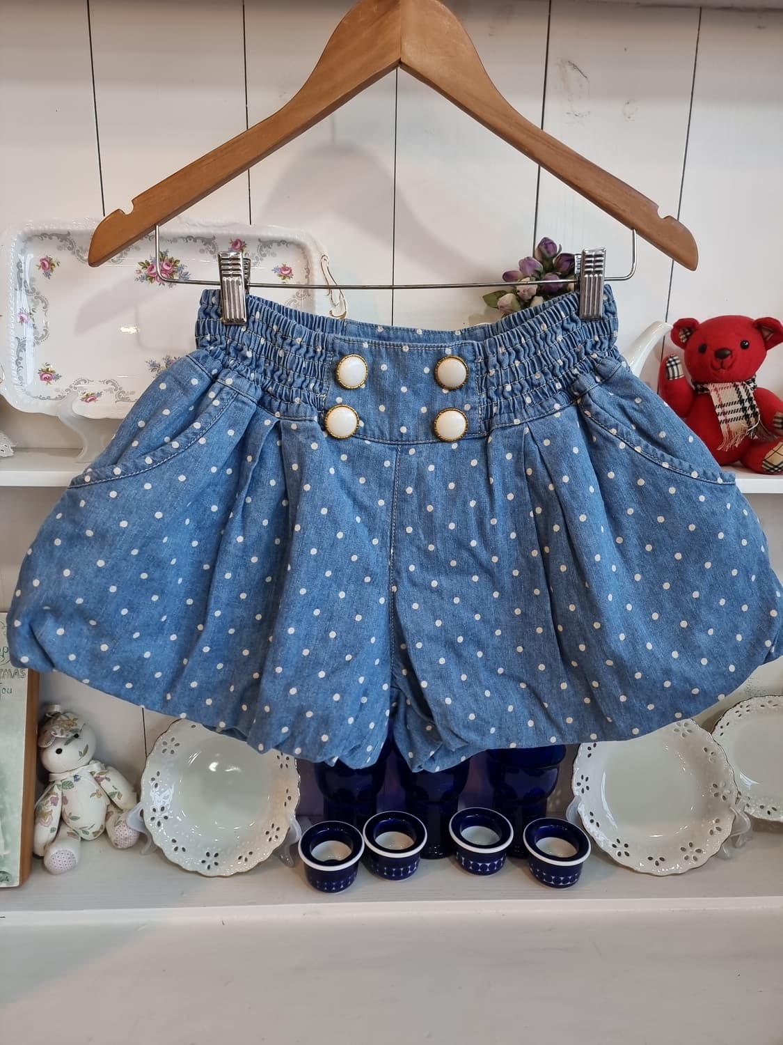 도트 데님 벌룬 큐롯 쇼츠 상품이미지1