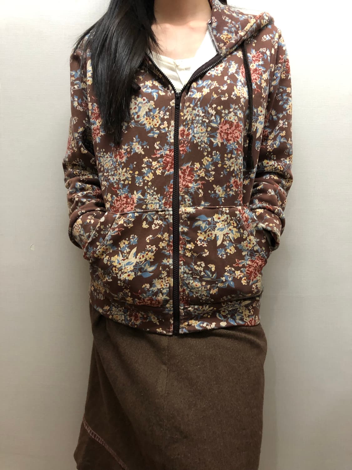 빈티지 브라운 플로랄 후드집업 상품이미지1
