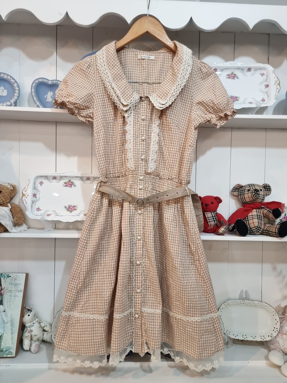 axes femme베이지 체크 레이스카라 원피스 상품이미지5