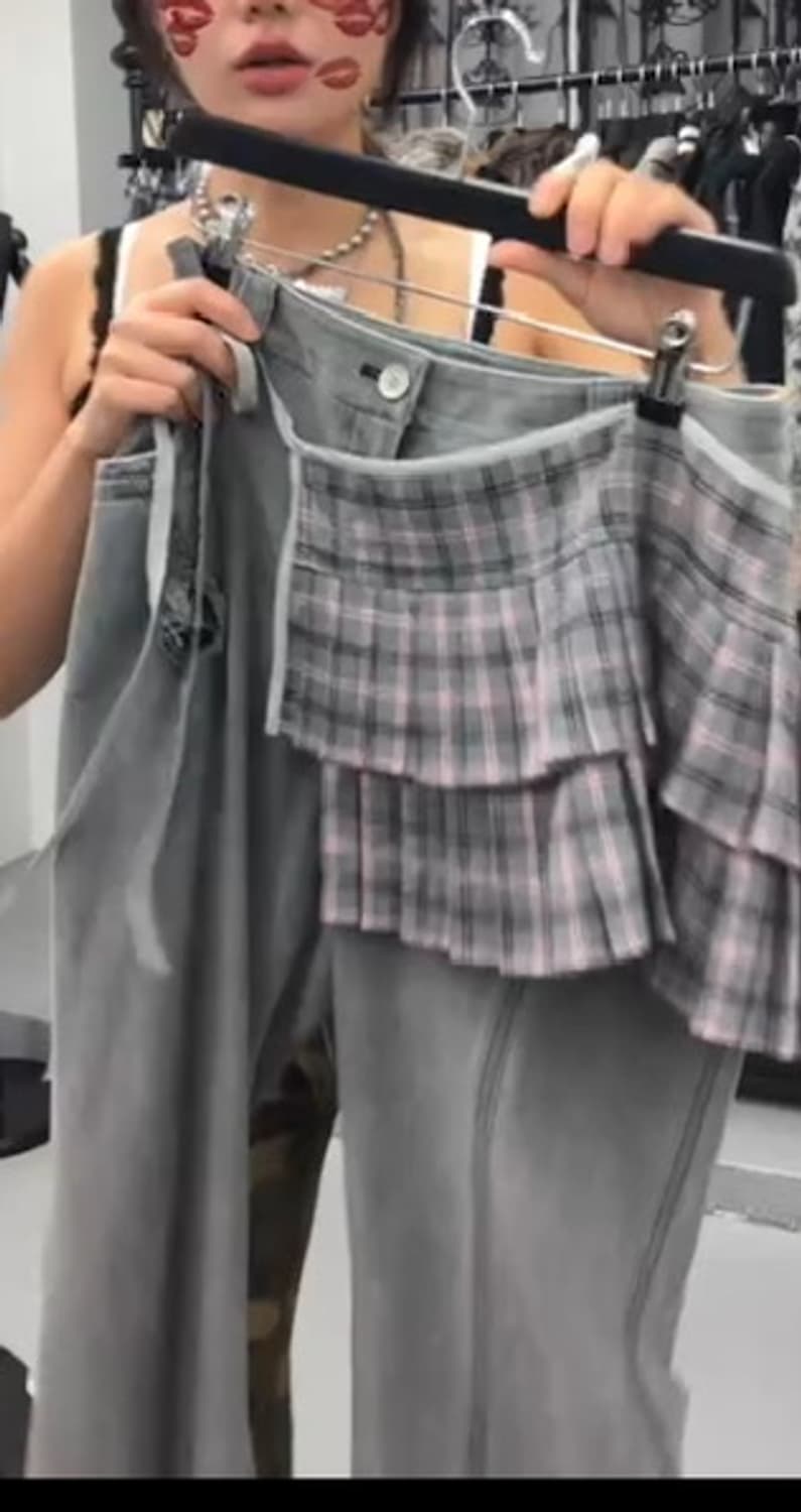 큐빈티지 레이어드 체크 스커트 팬츠 세트  상품이미지1