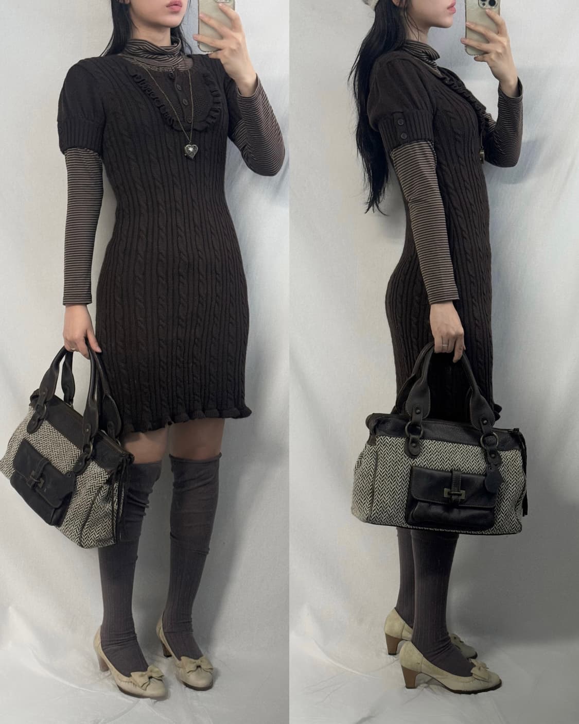 스트라이프 패턴 셔링 넥 폴라 티 상품이미지3