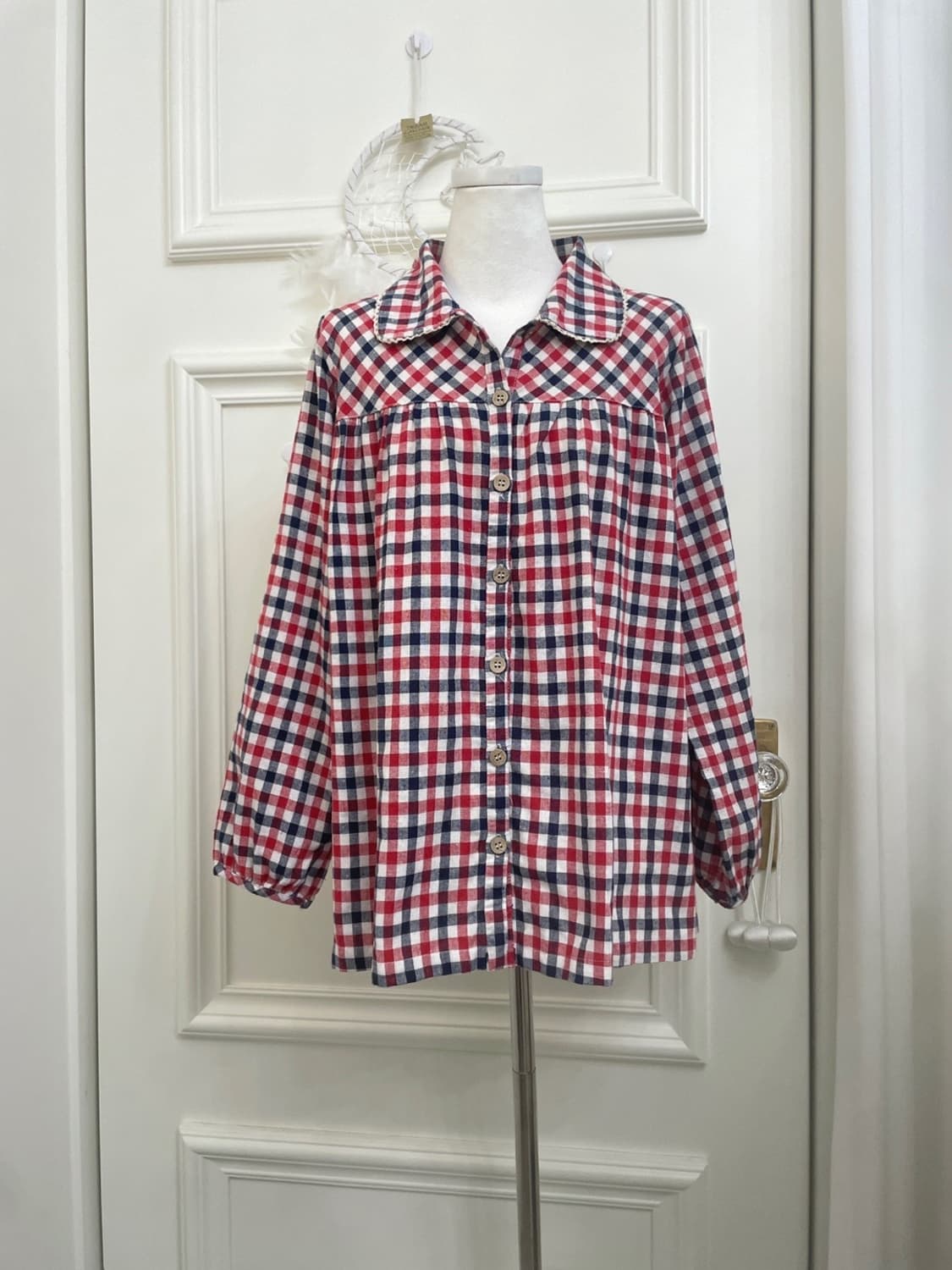 red navy check mori shirring loose shirt 상품이미지1