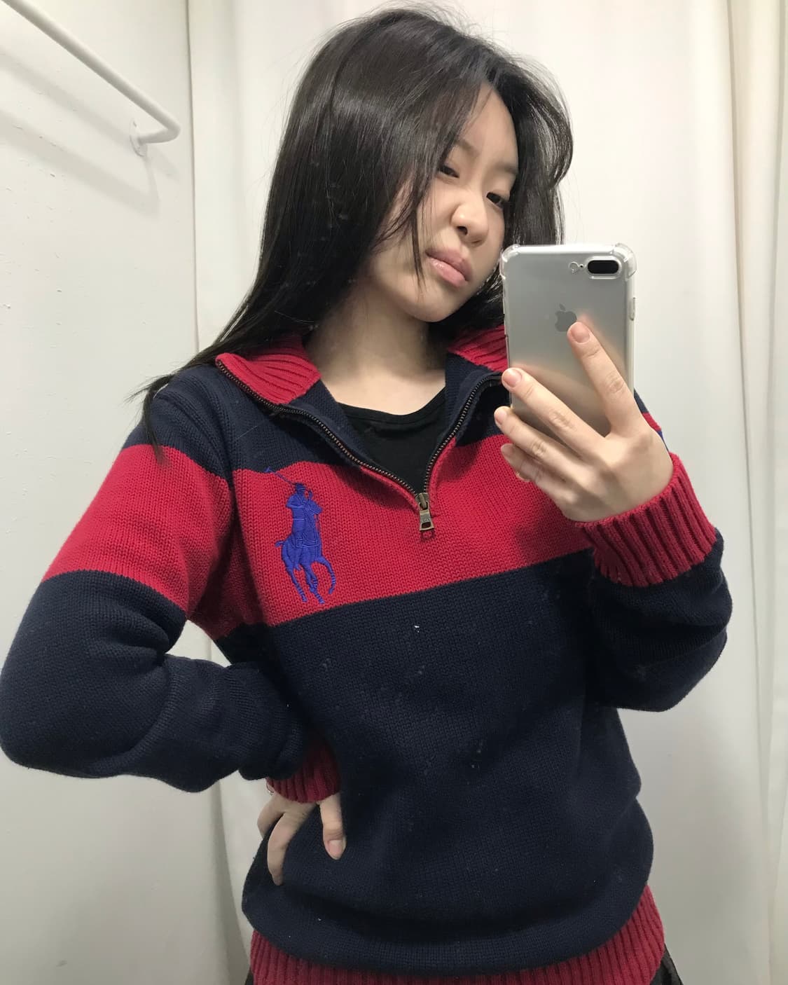 폴로 스트라이프 배색 빅포니 하프 집업 니트 상품이미지1