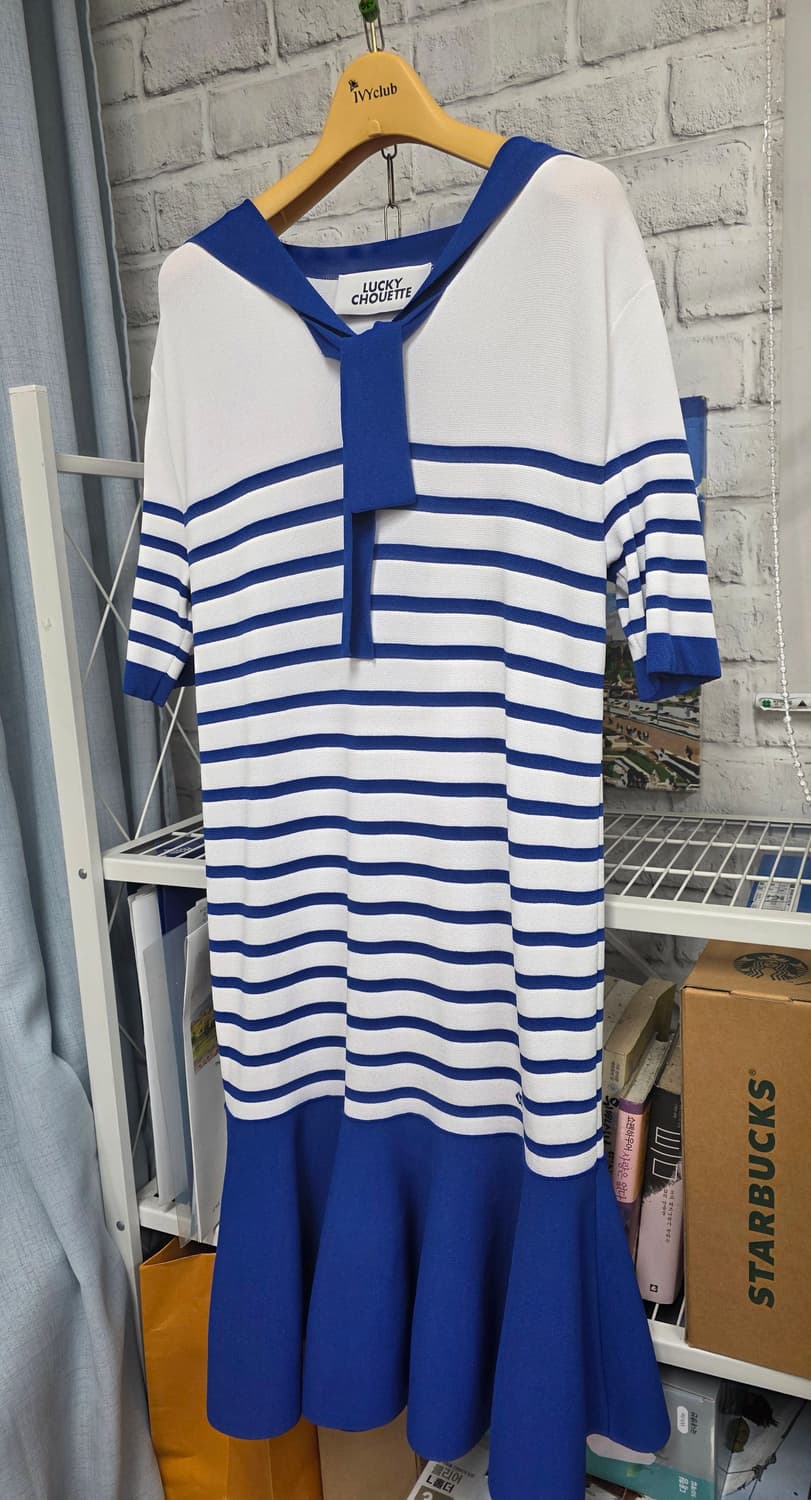 럭키슈에뜨 세일러 니트 반팔원피스 55~슬림66 프리 여름원피스WM40 상품이미지2