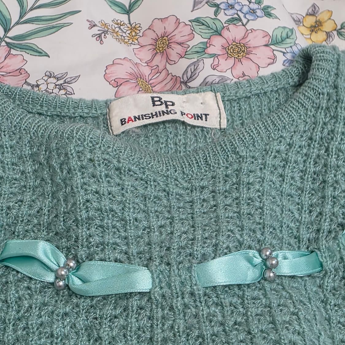 일본빈티지)하구미모리걸st 핀터깔 애플민트그린 리본 레이스 니트스웨터 상품이미지2