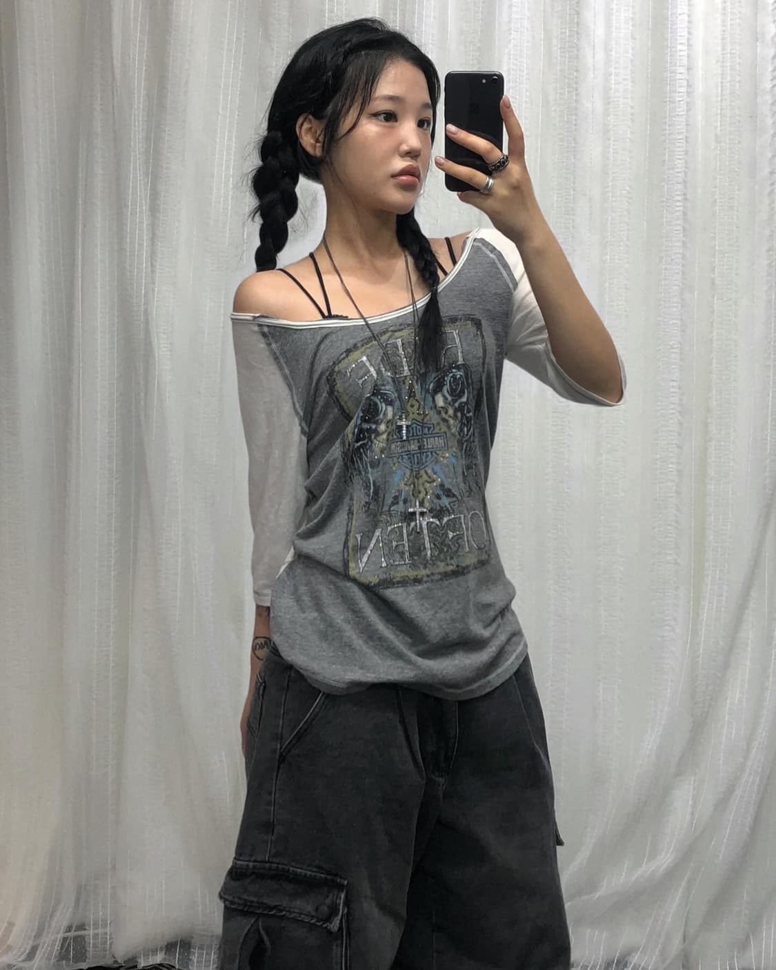 할리데이비슨 그레이 오프숄더 티셔츠 상품이미지2