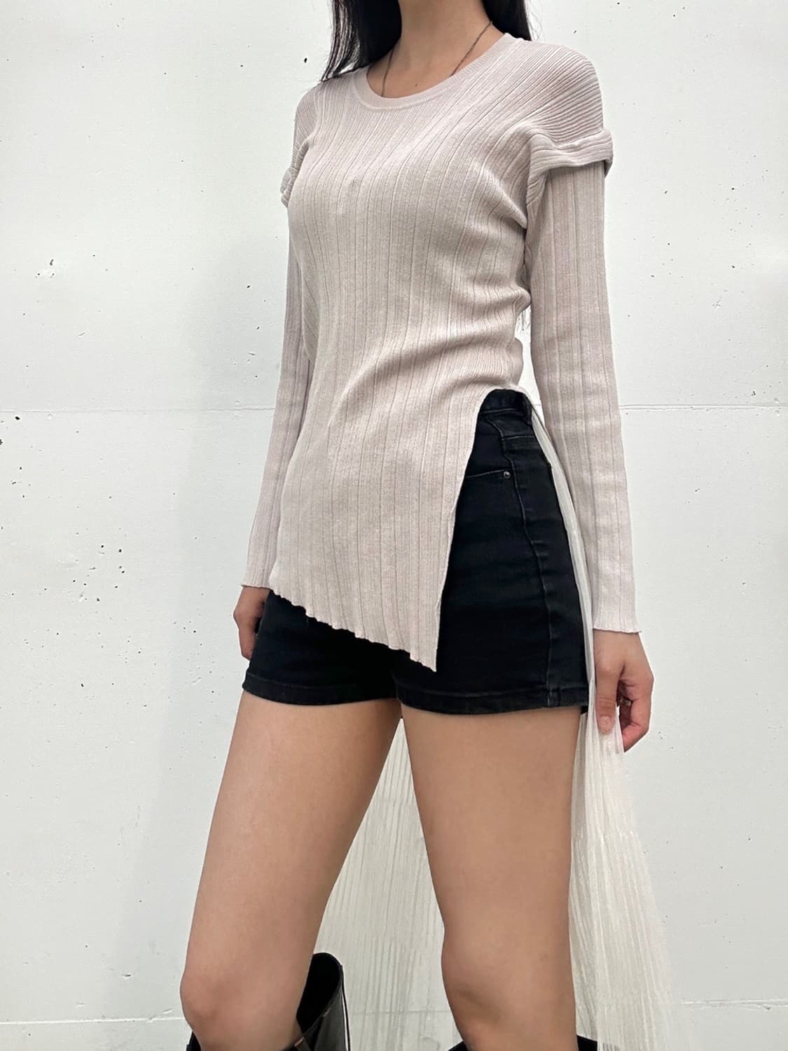 Ribbed open slim knit / beige 상품이미지3
