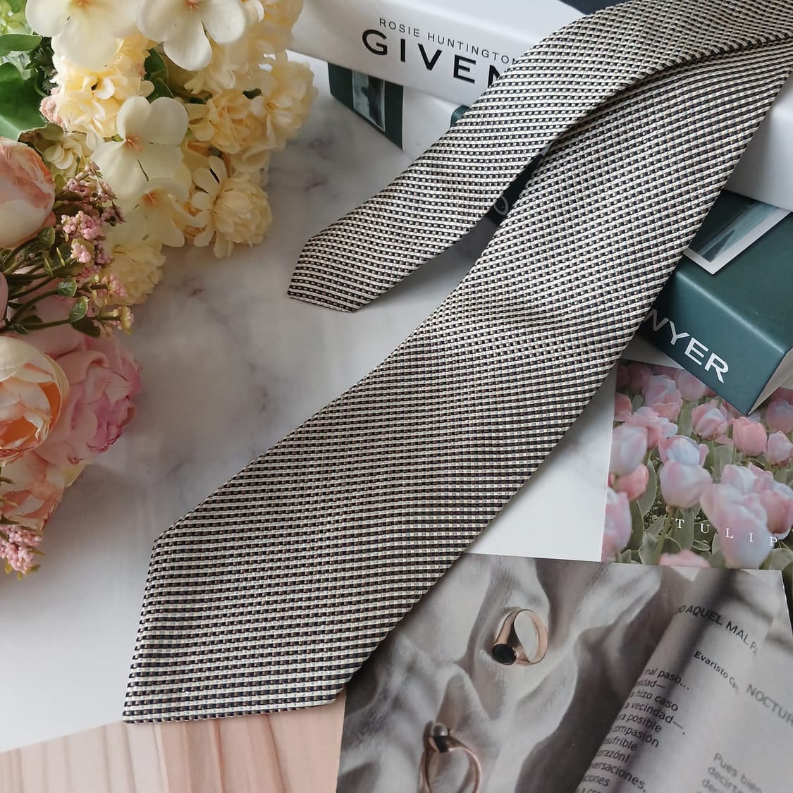 지방시 실크 베이지 자카드 패턴 넥타이 8.8cm S~A+등급 E756 상품이미지4