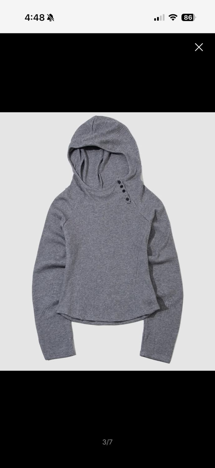 자수 골지 세미크롭 사이드 버튼 후드 롱 슬림 긴팔 티셔츠 상품이미지1