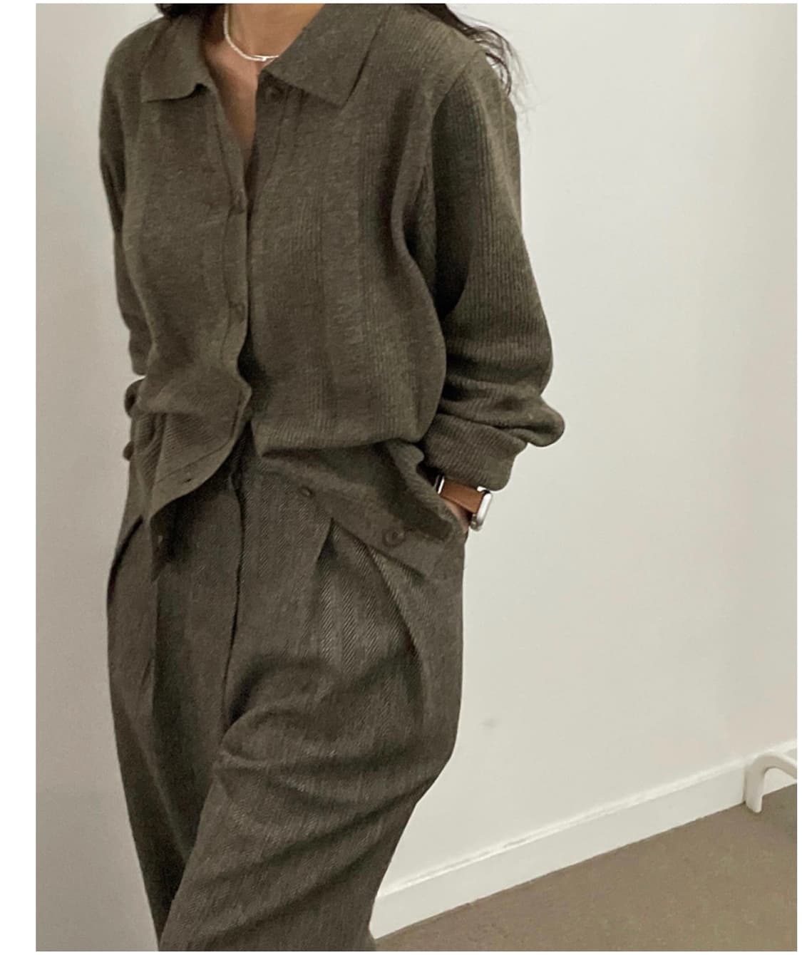 르메르핏 헤링본 카키브라운팬츠,브라운니트 셋업 (울,캐시 혼방)빈티지 상품이미지1