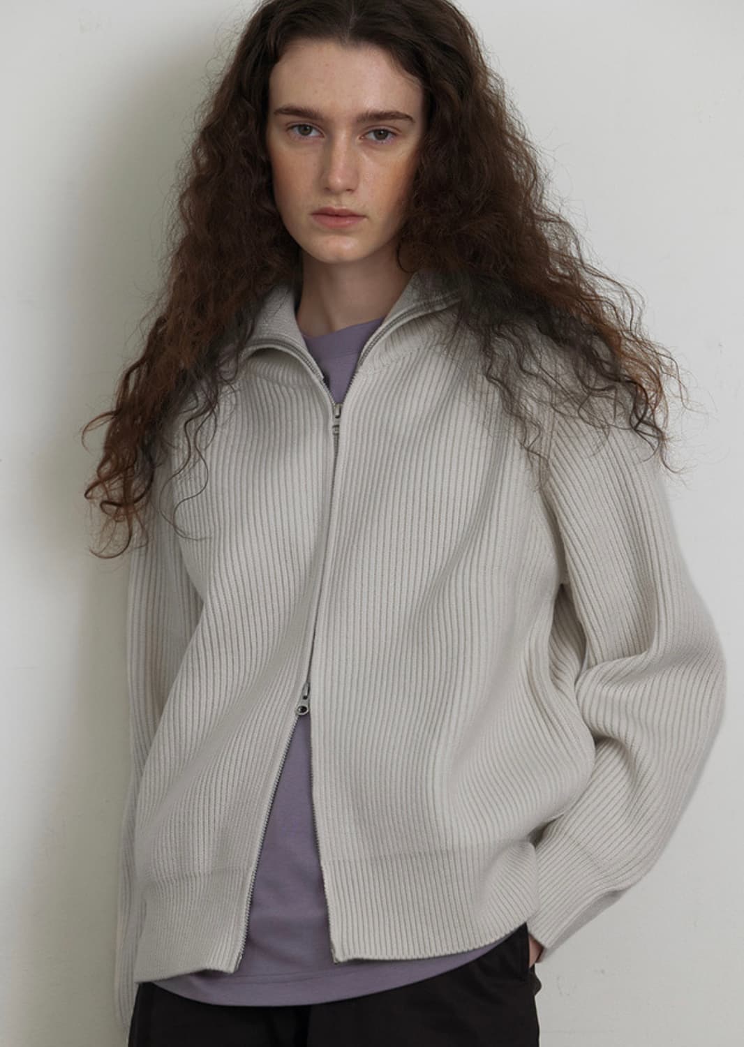 KNITLY ribbed zipup cardigan light grey 상품이미지4