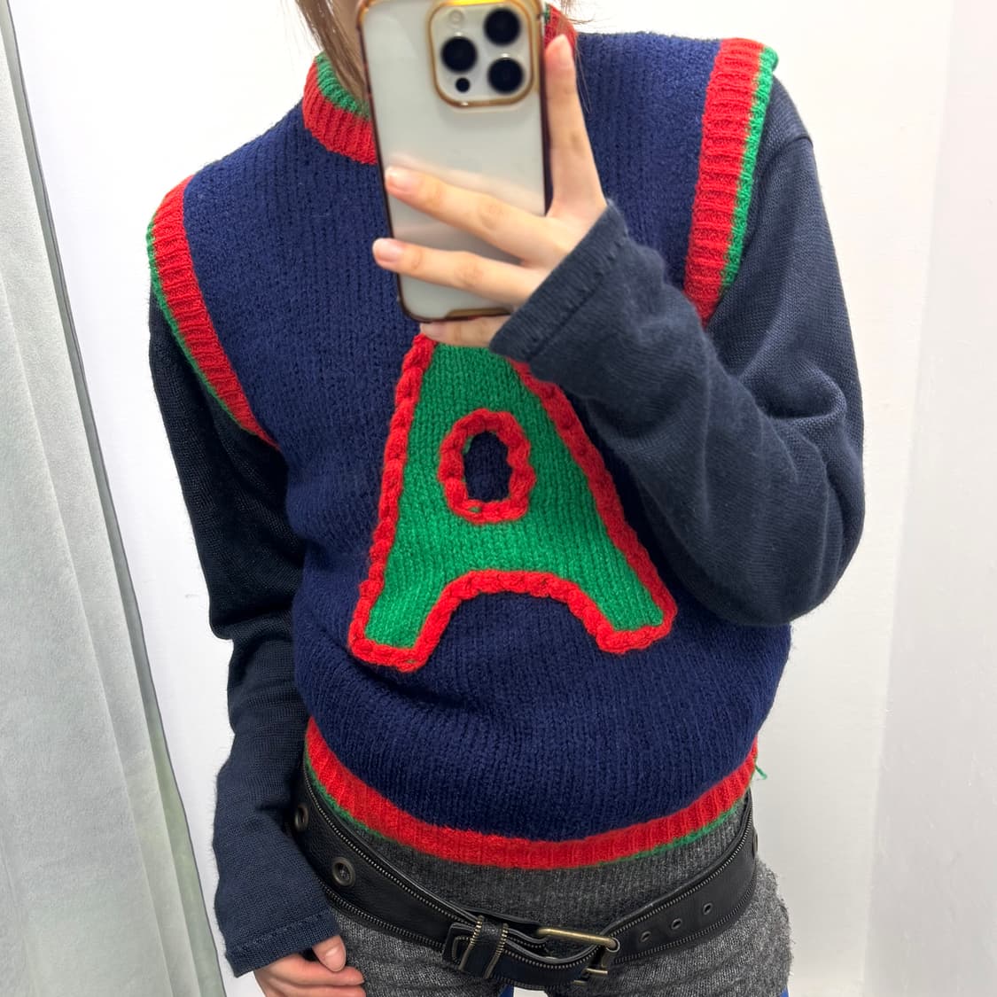 HB-GURU 네이비 그린 배색 아크릴 니트조끼 상품이미지2