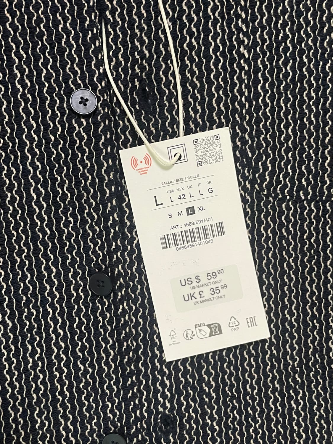 ZARA 남성 셔츠 L 네이비/화이트 새상품 (us uk 한정) 상품이미지4