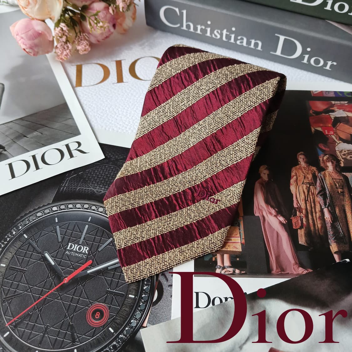 크리스찬 디올 버건디 스트라이프 넥타이 9.7cm A등급 A19801 상품이미지1