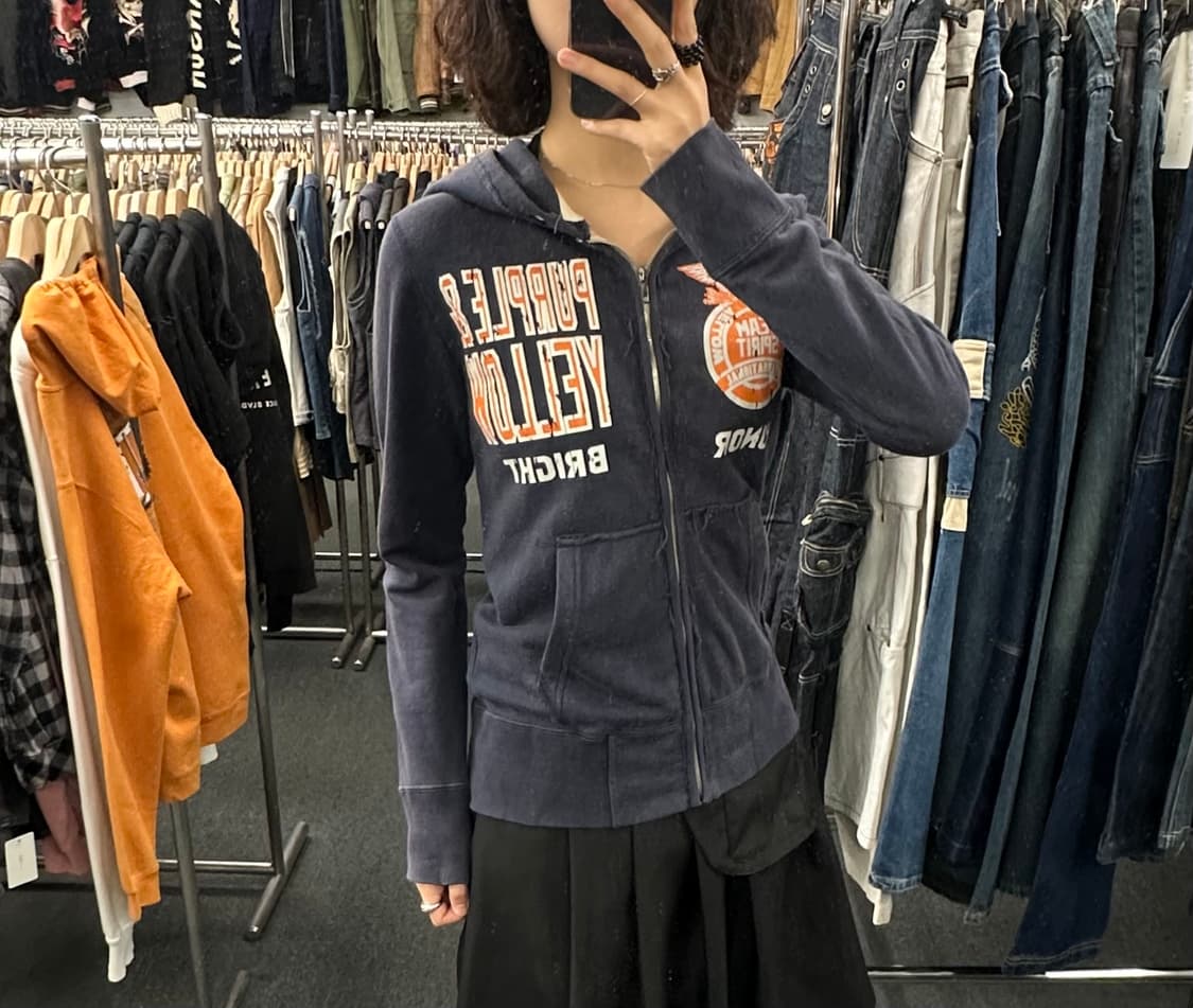 S) purple yellow 빈티지 프린팅 후드 집업 상품이미지3