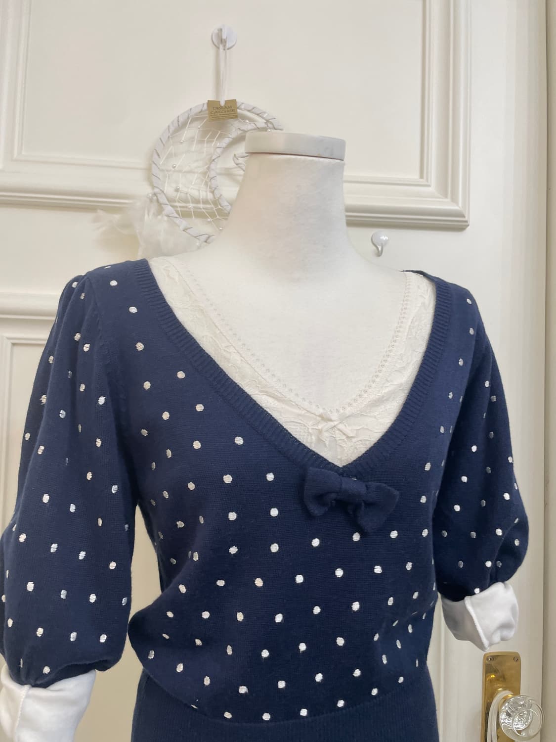 navy dot bow point knit top&white lace s 상품이미지5