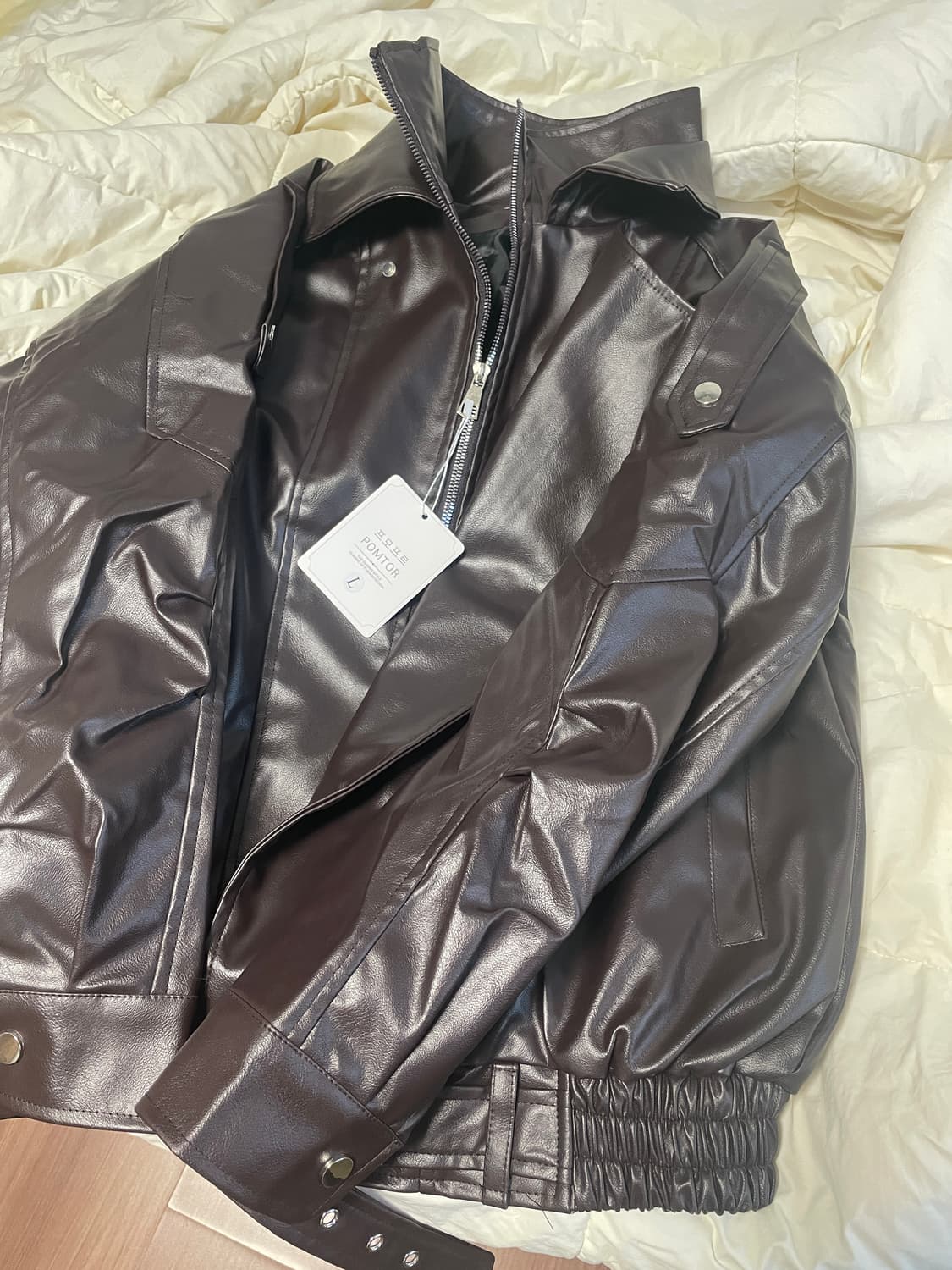 POMTOR 여성 봄 가을 클래식 캐주얼 루즈핏 PU 가죽 코트 라이더자 상품이미지4