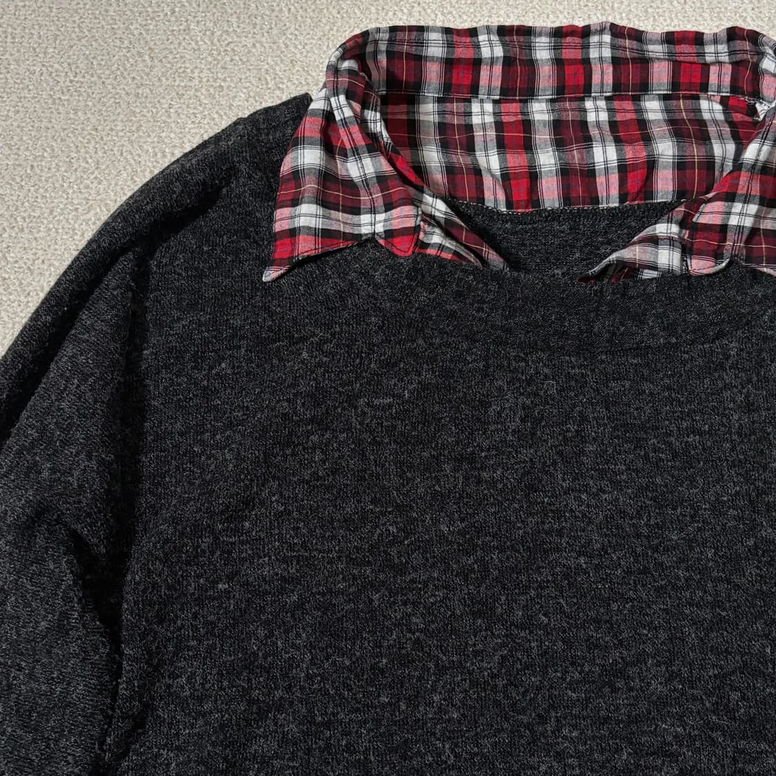 일본빈티지 theoria 차콜 체크 레이어드 니트 상품이미지2