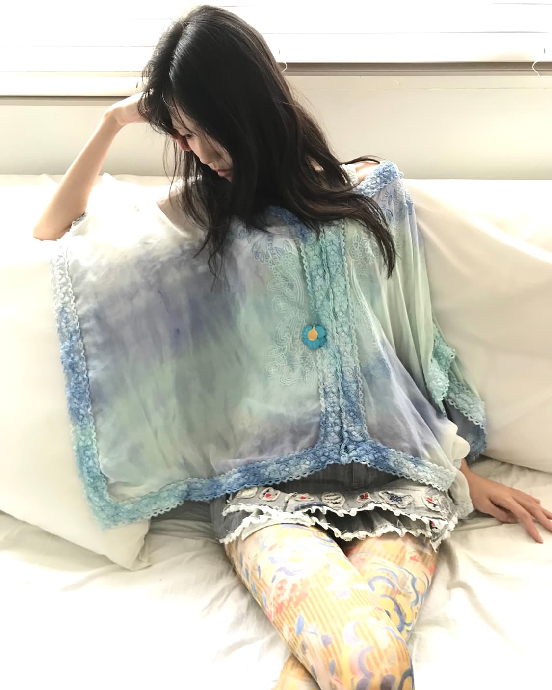 Blue tie-dye bohemian lace box blouse 상품이미지9