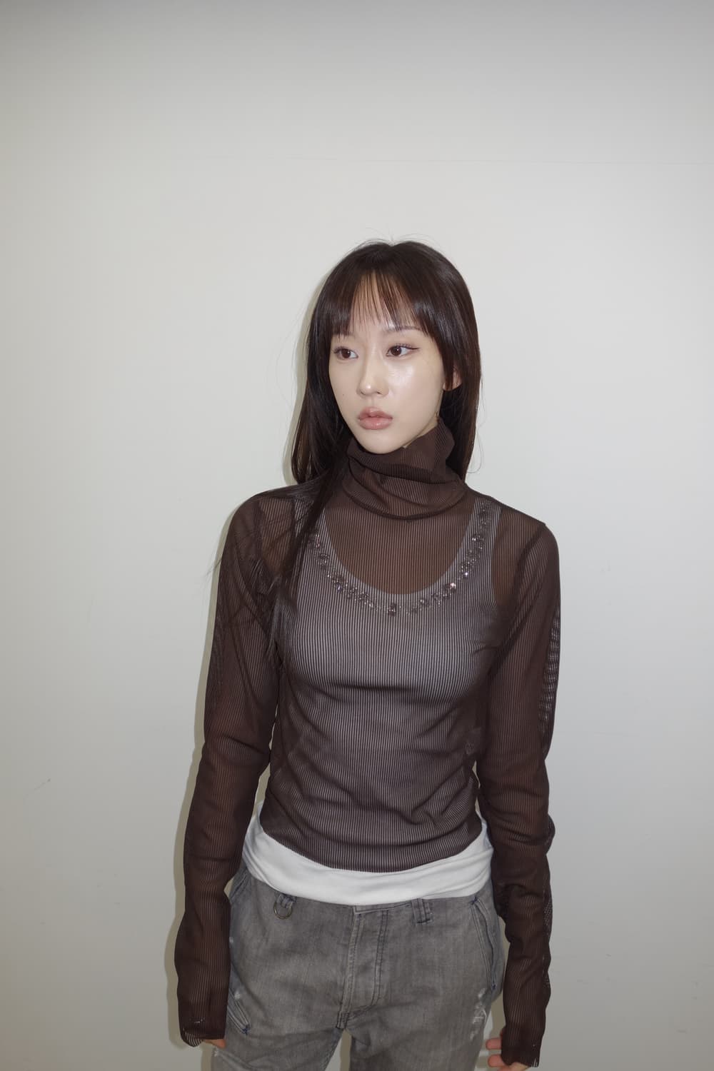 브라운 시스루 목폴라 상품이미지1