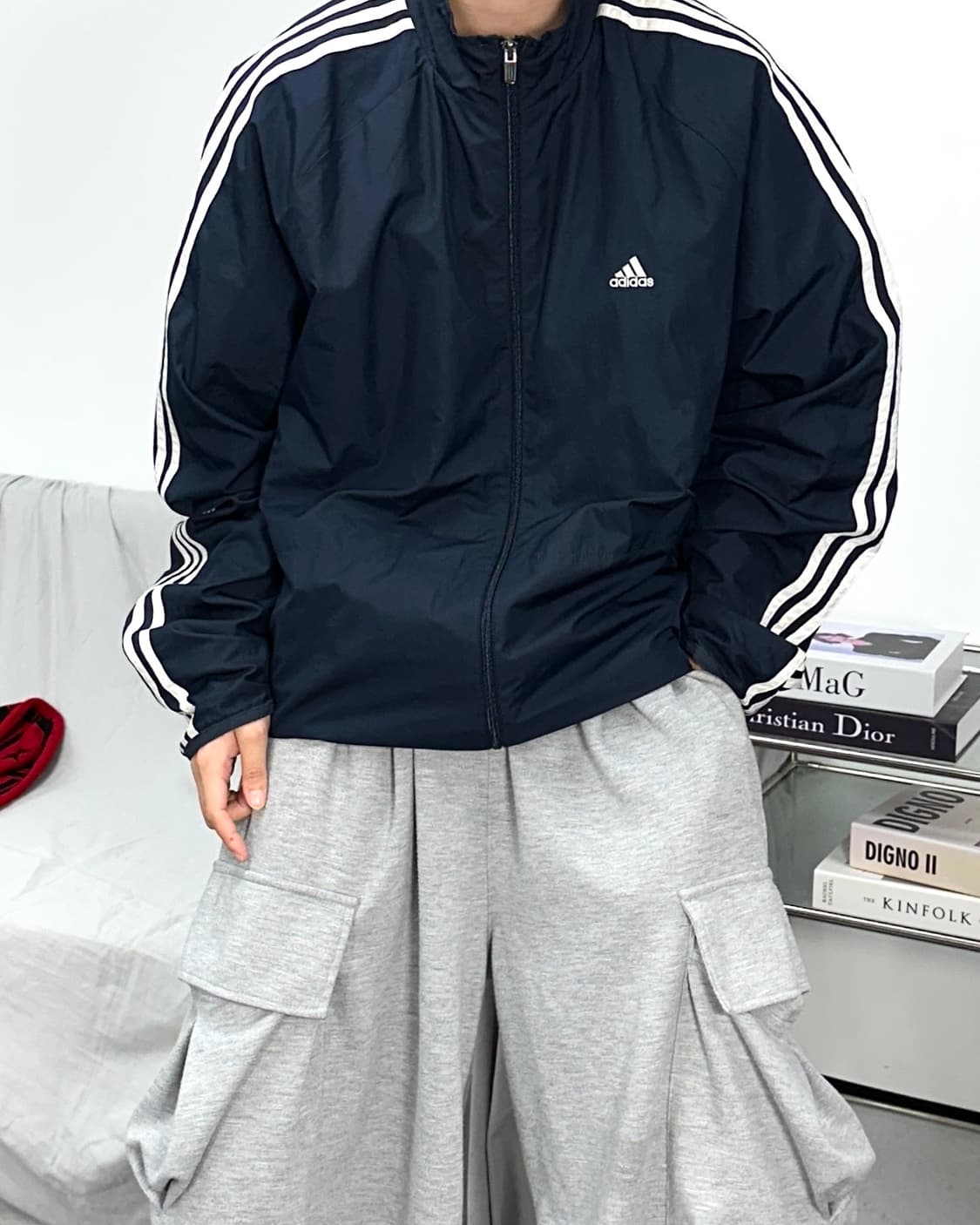 아디다스 네이비 삼선 바람막이 L 상품이미지2