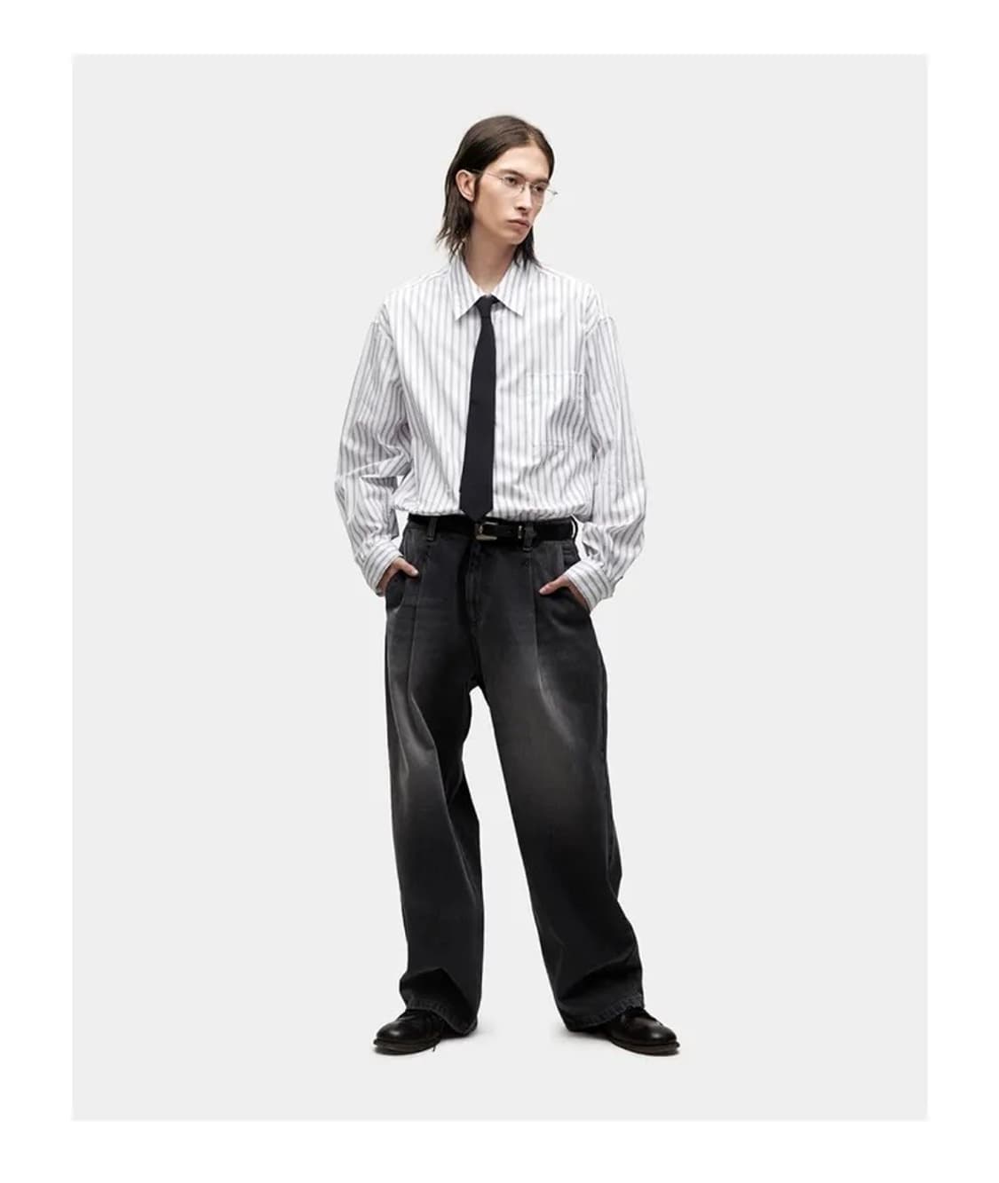 [쿠어] 워시드 원턱 라운드 데님 팬츠 L 상품이미지3