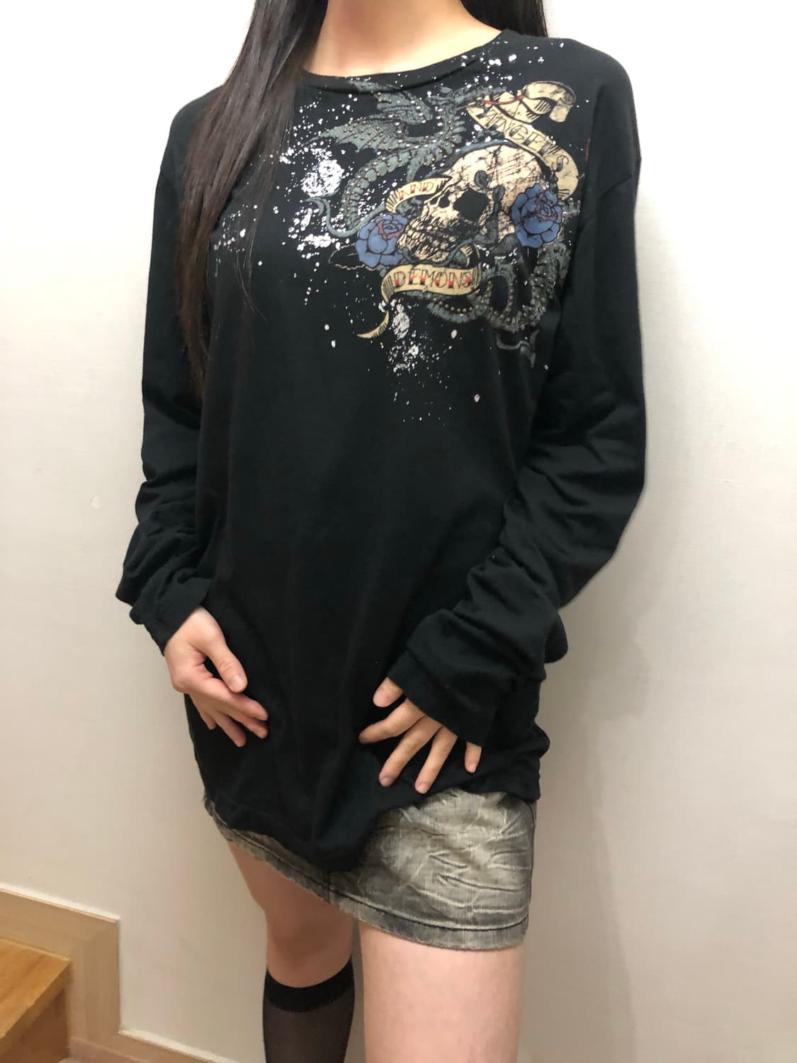 빈티지 블랙 펑크 프린팅 롱 슬리브 상품이미지4