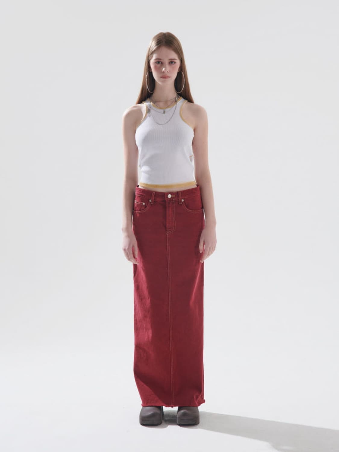 게이트리스 레드 데님 스커트 상품이미지1