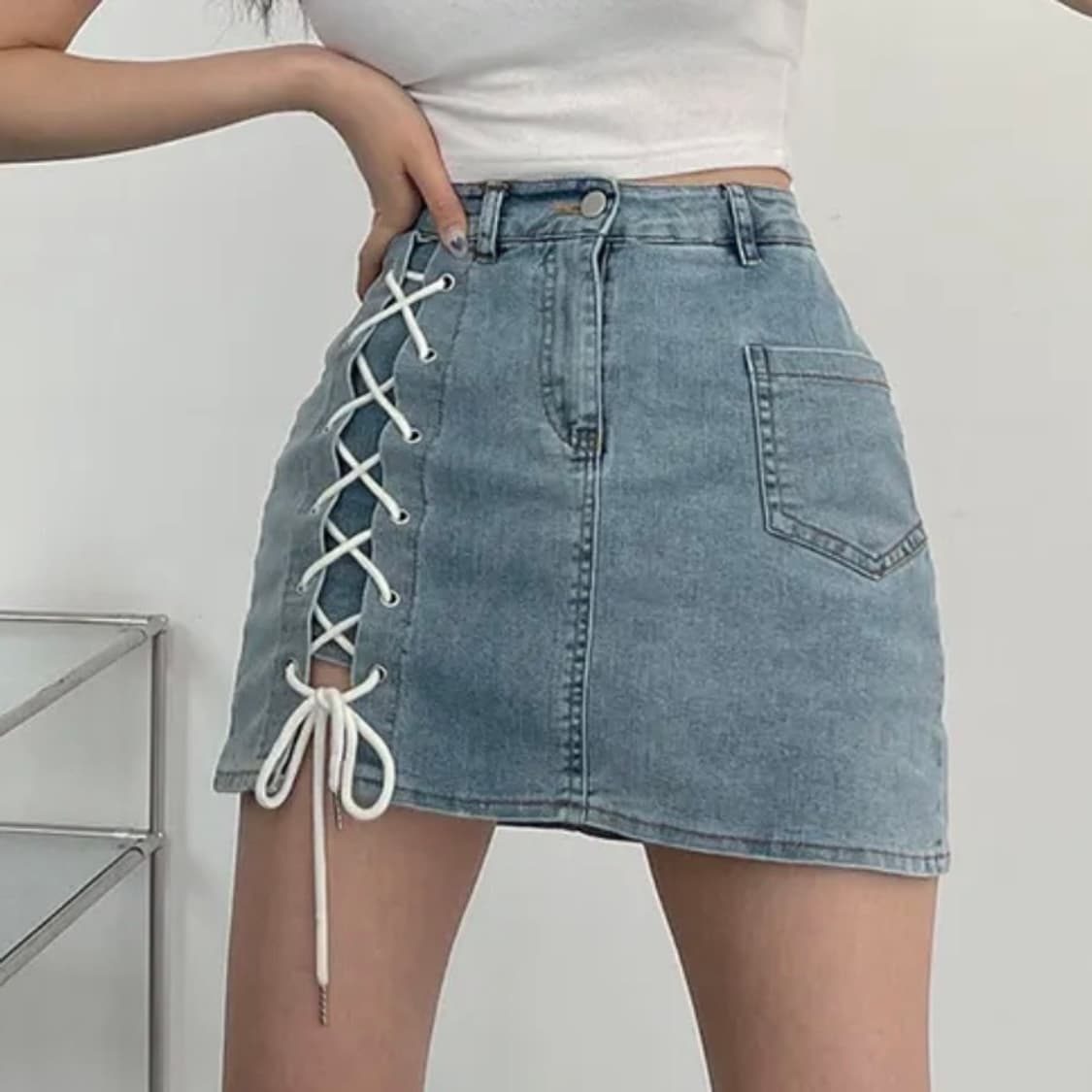 (스판,속바지O) (새상품) 코르셋 리본 끈 청 미니 스커트 상품이미지2