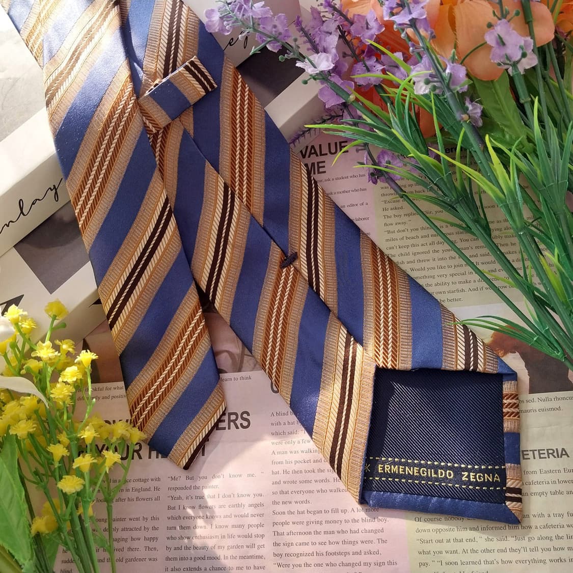 제냐 실크 베이지&블루 스트라이프 넥타이 8.7cm A+등급 K1385
 상품이미지5