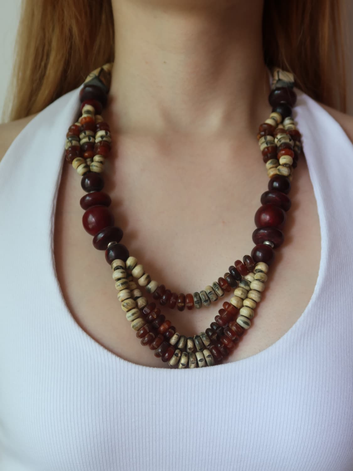 ethnic wooden & bead layered necklace 상품이미지1