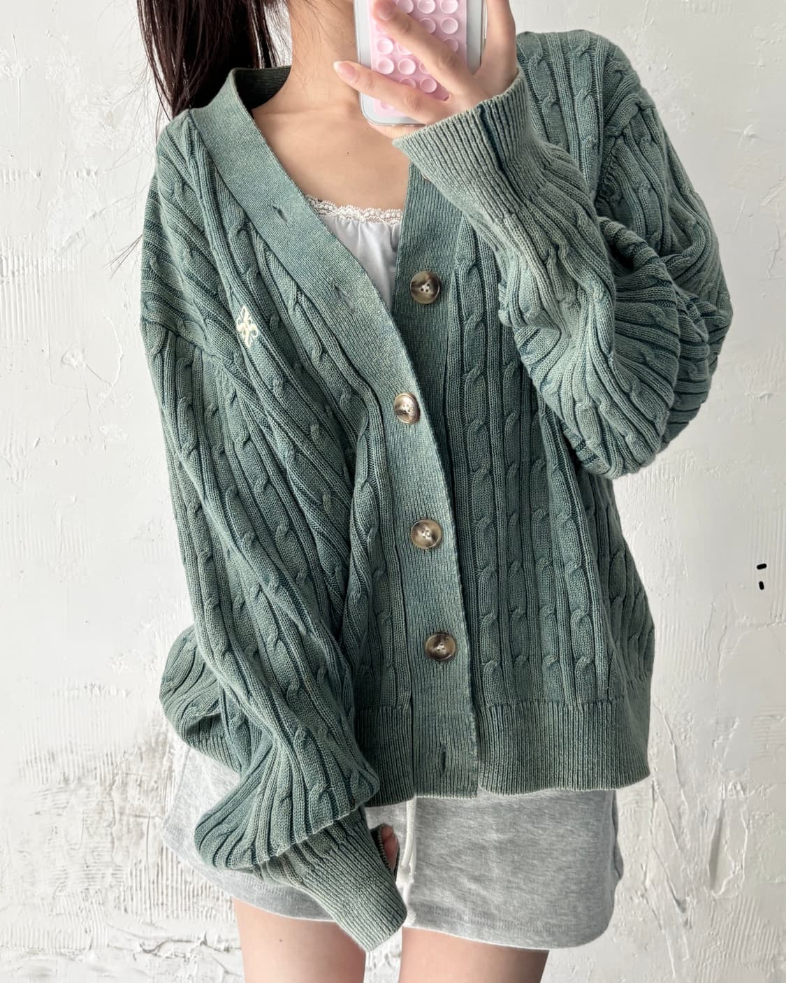 Satur 세터 딥 그린 로고 케이블 가디건 상품이미지7