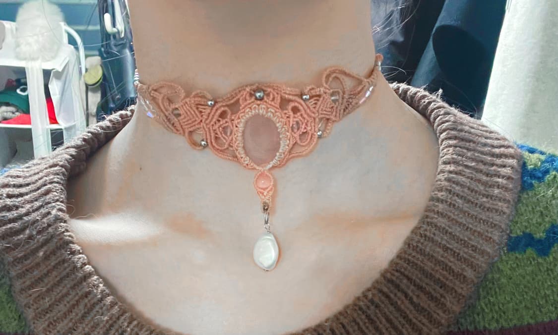 마크라메로만 올핑크 천연 로즈쿼츠 초커 목걸이 진주 펄 상품이미지9